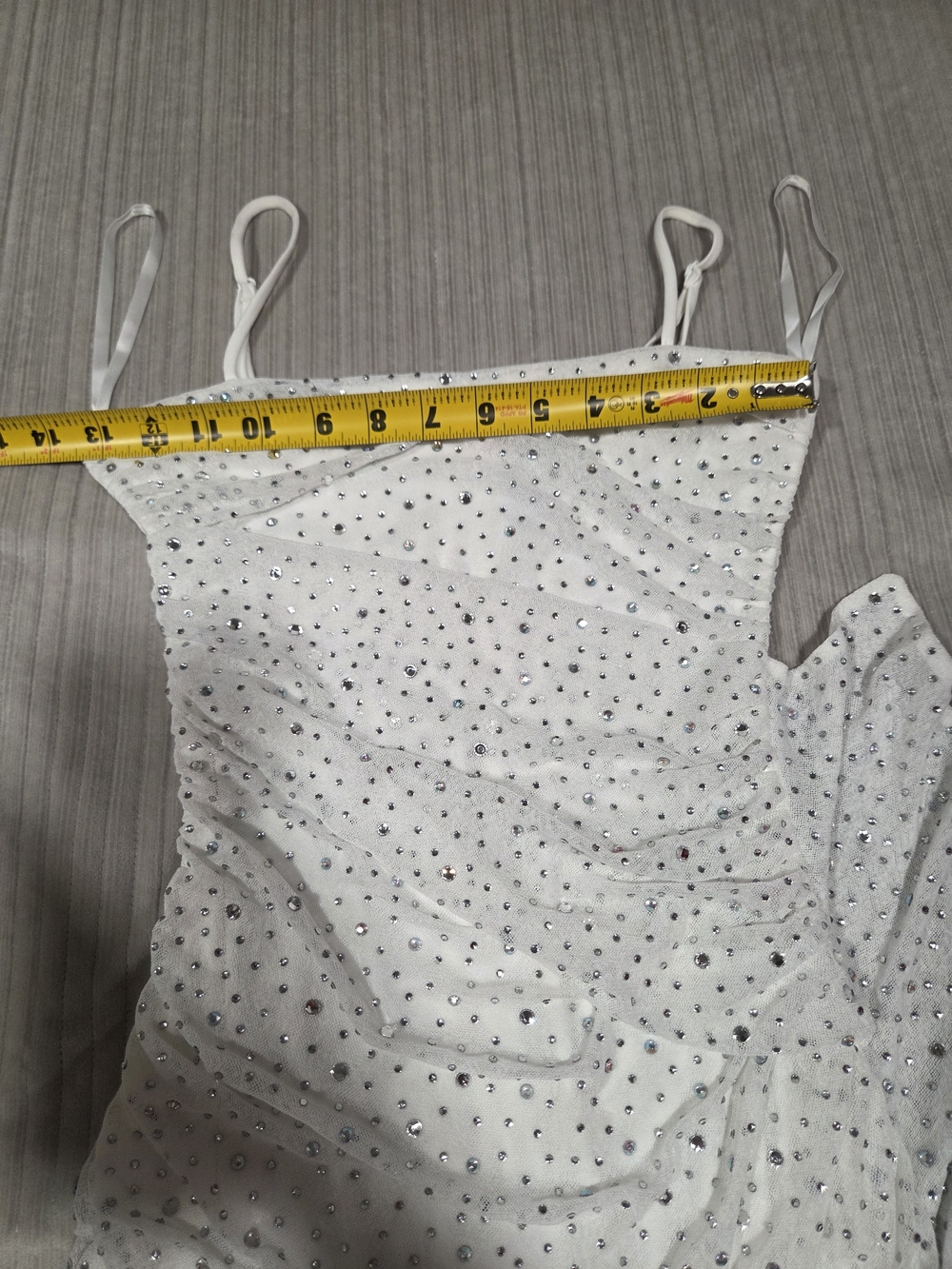 Women's White Rhinestone Ruched Mini Dress - Picture 7 of 8